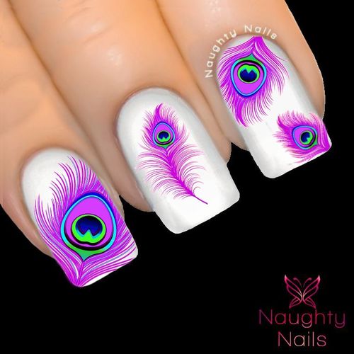 ETHEREAL PURPLE PEACOCK Feather Nail Water Transfer Decal Sticker Art Tattoo