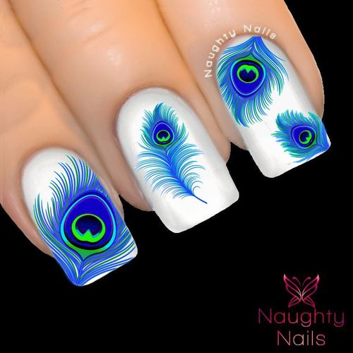 ETHEREAL BLUE PEACOCK Feather Nail Water Transfer Decal Sticker Art Tattoo